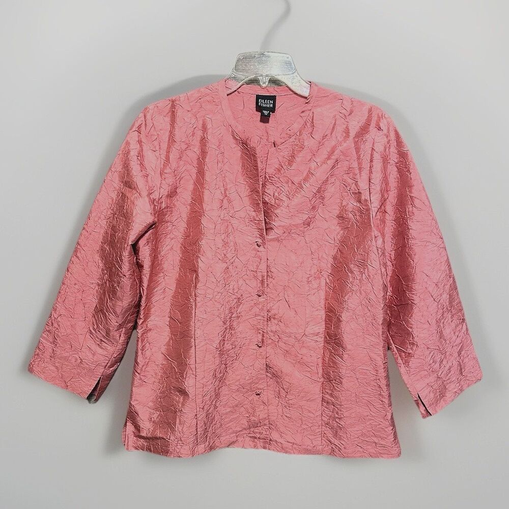Eileen Fisher 100% Silk Top Pink Salmon Blouse Jacket Sz Medium Minimalist